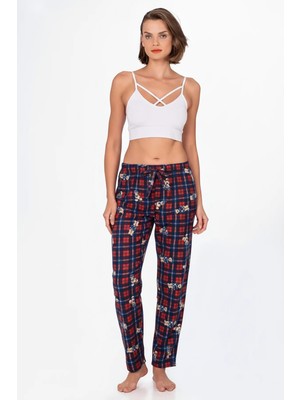 Kompedan Kadın Süet Ekoseli Ayıcık Desen Pijama Tek Alt
