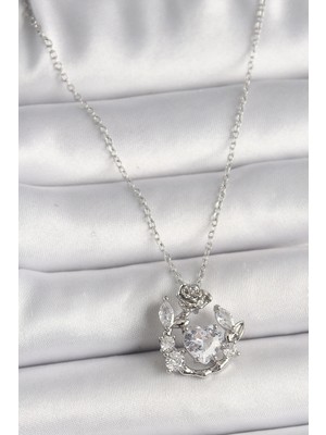 DS LLC Ietaks™ 316L Çelik Gümüş Renk Zincir Zirkon Taşlı Kalp Figür Gül Detay Kadın Kolye