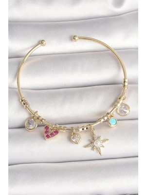 DS LLC Ietaks™ Pirinç Gold Renk Zirkon Taşlı Sallantı Kutup Yıldız Figür Inci Detay Charm Kadın