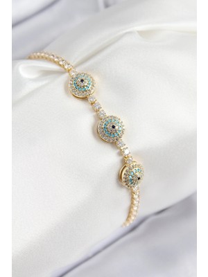 DS LLC Ietaks™ Pirinç Zirkon Taşlı Nazar Model Gold Renk Kadın Bileklik