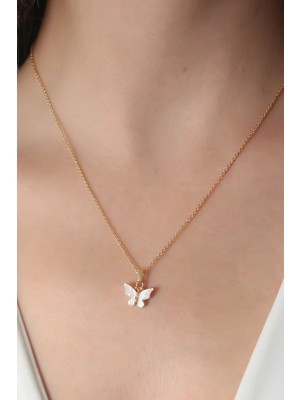 DS LLC Ietaks™ Gold Beyaz Renk Kelebek Figür Kadın Kolye