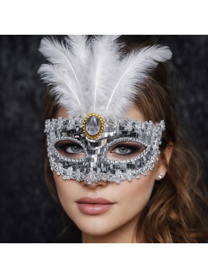 DS LLC Lüks Gümüş Tüylü Taşlı Balo Maskesi