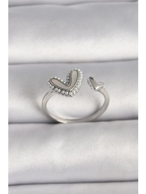 DS LLC Ietaks™ Pirinç Gümüş Renk Beyaz Mineli Inci Detaylı Kalp Model Ayarlanabilir Yüzük