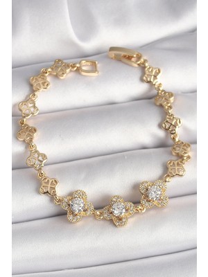 DS LLC Ietaks™ Pirinç Gold Renk Zirkon Taşlı Yonca Model Kadın Bileklik