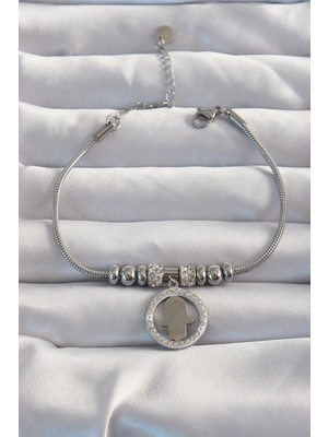 DS LLC Ietaks™ 316L Çelik Gümüş Renk Zirkon Taş Aksesuarlı Fatma Ana Eli Bileklik