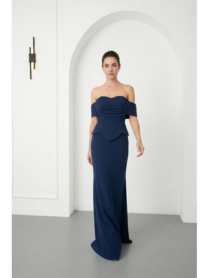 Lafaba Kadın Lacivert Dar Kalıp Kayık Yaka Peplum Detay Uzun Balık Abiye