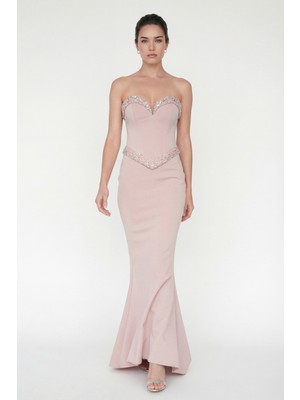 Lafaba Kadın Pudra Straplez Yaka Taşlı Uzun Balık Abiye Elbise