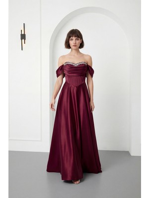 Lafaba Kadın Bordo Kayık Yaka Taşlı Uzun Söz Nişan Nikah Abiye Elbise