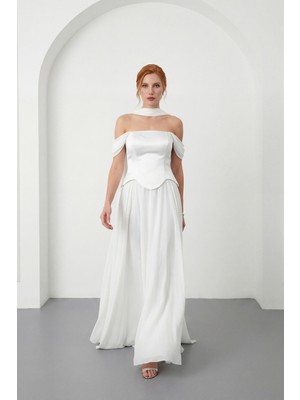 Lafaba Kadın Beyaz Şal Yaka Straplez Söz Nişan Abiye Elbise