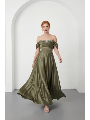 Lafaba Kadın Haki Kayık Yaka Taşlı Uzun Söz Nişan Nikah Abiye Elbise