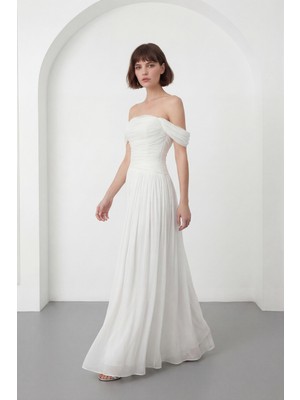 Lafaba Kadın Beyaz Kayık Yaka Drapeli Uzun Söz Nişan Nikah Abiye Elbise
