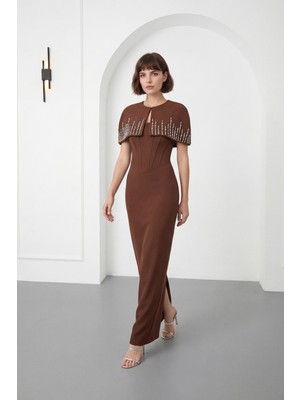 Lafaba Kadın Kahverengi Dar Kalıp Ceketli Taşlı Uzun Söz Nişan Nikah Abiye Elbise