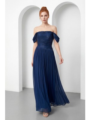 Lafaba Kadın Lacivert Kayık Yaka Drapeli Uzun Söz Nişan Nikah Abiye Elbise