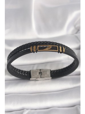 DS LLC Ietaks™ 316L Çelik Gold Renk Kanat Aksesuarlı Siyah Burgu Model Deri Kordon Erkek Bileklik