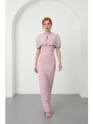 Lafaba Kadın Pudra Dar Kalıp Ceketli Taşlı Uzun Söz Nişan Nikah Abiye Elbise