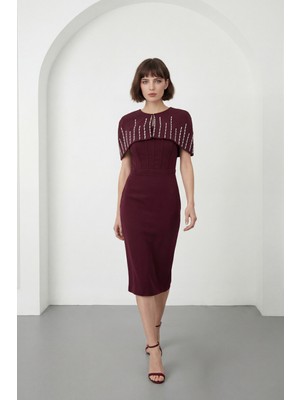 Lafaba Kadın Bordo Dar Kalıp Ceketli Taşlı Midi Söz Nişan Nikah Abiye Elbise