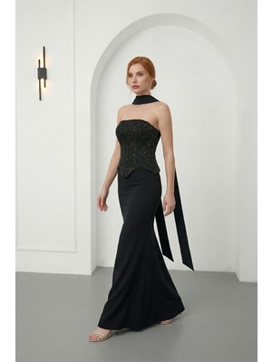 Lafaba Kadın Siyah Dar Kalıp Straplez Taşlı Uzun Balık Abiye