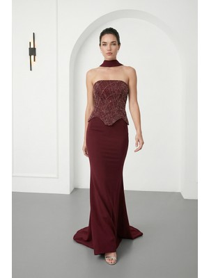 Lafaba Kadın Bordo Dar Kalıp Straplez Taşlı Uzun Balık Abiye