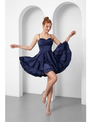 Lafaba Kadın Lacivert Ince Askılı Volanlı Mini Saten Mezuniyet Abiye Elbise
