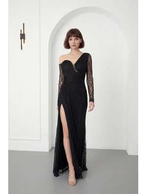 Lafaba Kadın Siyah Göğüs Detaylı Uzun Dantel Abiye Elbise