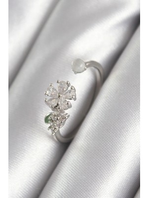 DS LLC Ietaks™ Pirinç Gümüş Renk Zirkon Taşlı Çiçek Model Kadın Yüzük