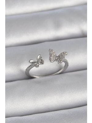 DS LLC Ietaks™ Pirinç Gümüş Renk Ayarlanabilir Zirkon Taşlı Kelebek Model Kadın Yüzük