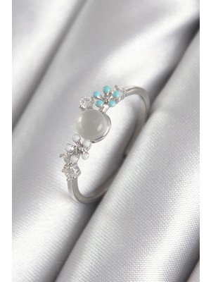 DS LLC Ietaks™ Pirinç Gümüş Renk Zirkon Taş Detaylı Beyaz Sedefli Çiçek Model Kadın Yüzük