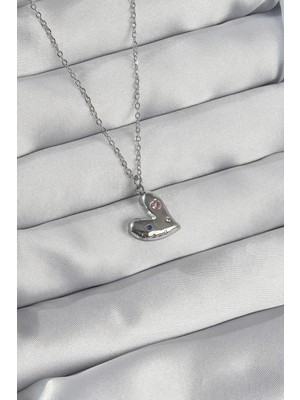 DS LLC Ietaks™ 316L Çelik Zincir Gümüş Renk Renkli Zirkon Taşlı Kalp Kolye