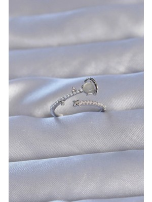 DS LLC Ietaks™ Pirinç Gümüş Renk Zirkon Taşlı Incili Satürn Model Ayarlanabilir Yüzük