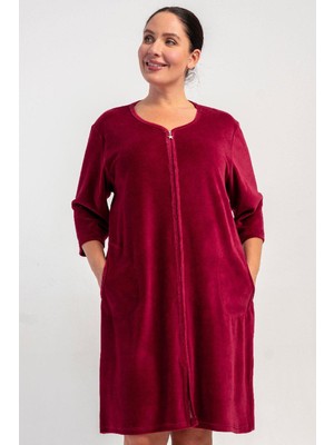 Vienetta Kadın Büyük Beden Kapri Kol Kadife Fermuarlı Bordo Ev Elbisesi C4T1N0705