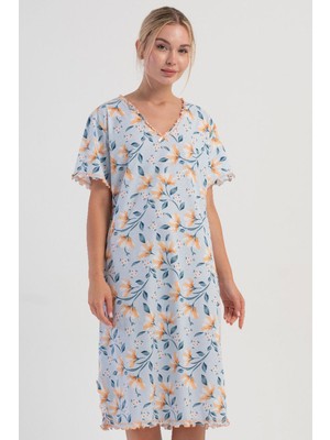 Vienetta Kadın Kısa Kol V Yaka Yırtmaçlı Mavi Gecelik C4T6N1705