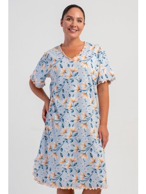 Vienetta Kadın Büyük Beden Kısa Kol V Yaka Yırtmaçlı Mavi Gecelik C5T6N1705