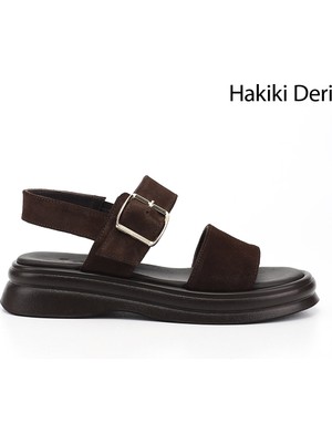 Gönderi(r) Kadın Kahve Süet  Tokalı Bantlı Hakiki Deri Sandalet