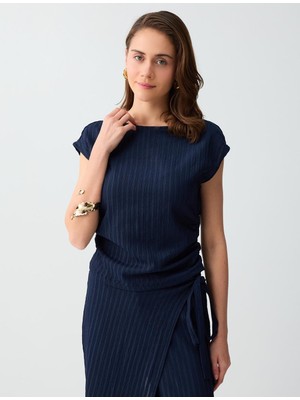 Jimmy Key Lacivert Dar Kesim Kayık Yaka Kolsuz Çizgili Örme Bluz