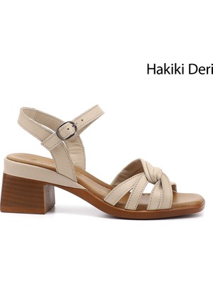Gönderi(r) Kadın Bej Antik  Bilek Bağlı Kalın Topuklu Hakiki Deri Sandalet