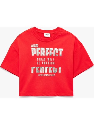 Koton Bisiklet Yaka Kısa Kollu Rahat Kalıp Pamuklu Crop Baskılı Tişört