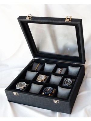 12'li Füme Desenli Saat Kutusu, Suni Deri Kaplamalı, Özel Üretim, El Yapımı