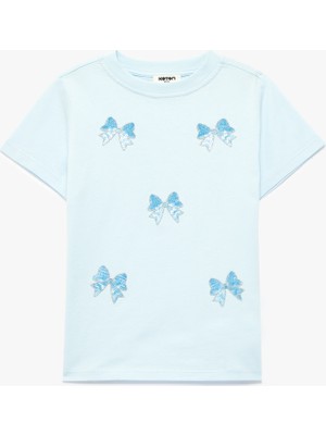 Koton Pamuklu Kısa Kollu Bisiklet Yaka Pullu Payetli Fiyonklu Tişört