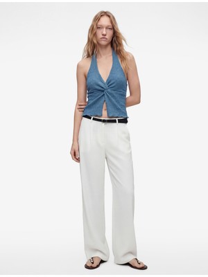 Koton Bürümcük Kolsuz V Yaka Halter Yaka Crop Bluz