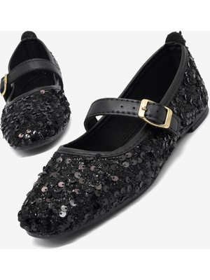 Tonny Black Kadın Siyah Siyah Rahat Kalıp Pullu Tokalı Günlük Babet