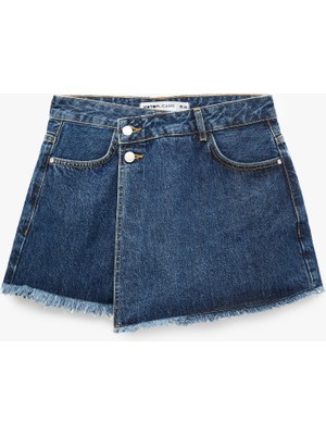 Koton Asimetrik Kesim Düğmeli Rahat Kalıp Pamuklu Denim Mini Şort Etek