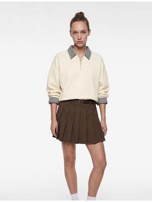 Koton Rahat Kalıp Uzun Kollu Kareli Yaka Detaylı Yarım Fermuarlı Sweatshirt