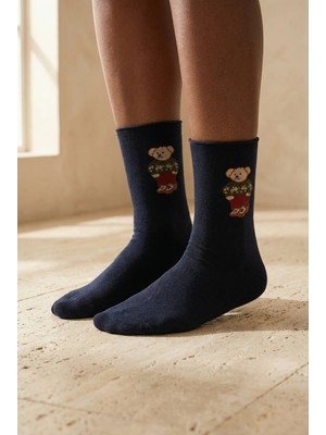 Katia & Bony Kadın Teddy Desenli Lastiksiz Modal Soket Çorap Koyu Lacivert