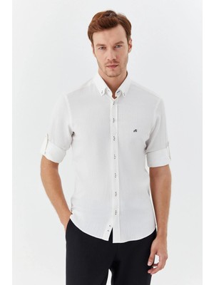 Sabri Özel Erkek Beyaz Dar Kesim Slim Fit %100 Pamuk Uzun Kollu Düğmeli Yaka Gömlek