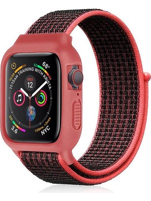 Butik Mey Ithalat®   Watch 42MM Hasırlı Cırtcırtlı Kasalı Kordon - Siyah-Pembe