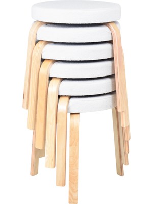 Vilinze Ege Teddy Kumaş Naturel Ahşap Ayak Istiflenebilir Mutfak-Balkon Taburesi (6 Adet)