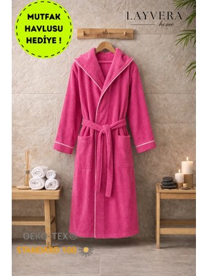 Layvera Kadın Bornoz Fuşya | %100 Pamuk+Kapüşonlu+Biyeli+Cepli+Fuşya