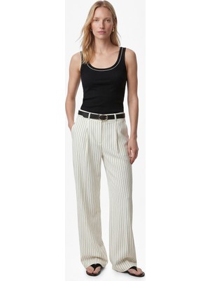 Koton Yüksek Bel Kemerli Cepli Geniş Paça Çizgili Kumaş Pantolon