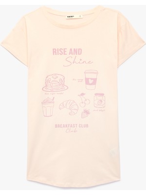 Koton Rahat Kalıp Kısa Kollu Bisiklet Yaka Baskılı Pamuklu Gecelik