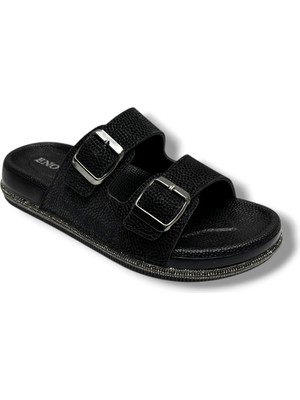 Enova Z185-26 Parlak Baskı Deri Taşlı Çift Tokalı Anatomik Kadın Terlik